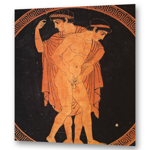 Attische Kylix: Jüngling masturbiert, während ein Mann ihn von hinten hält – erotische Szene im antiken Griechenland, Gay Art Wandbild