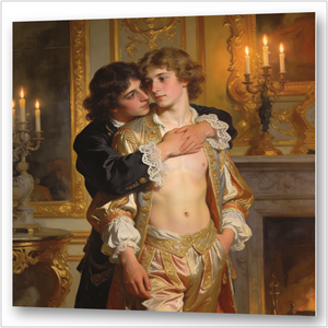 Zwei Männer in barockem Hofkostüm im Kerzenlicht – Philippe d'Orléans und Chevalier de Lorraine, erotische Nähe am Hof von Versailles, Gay Art Wandbild