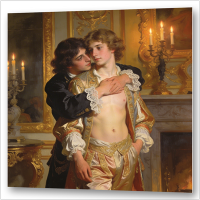 Zwei Männer in barockem Hofkostüm im Kerzenlicht – Philippe d'Orléans und Chevalier de Lorraine, erotische Nähe am Hof von Versailles, Gay Art Wandbild