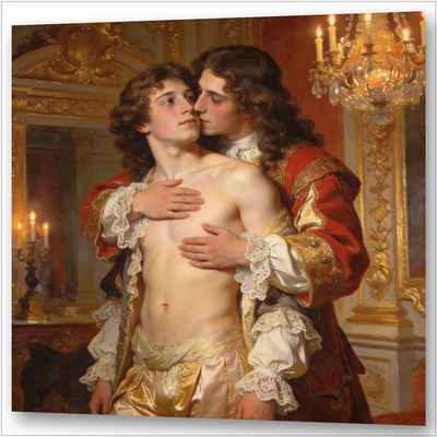 Chevalier de Lorraine hält Philippe d'Orléans von hinten umfasst, Hände auf nackter Brust, Kuss an der Wange – schwule Liebe am Hof von Versailles, Gay Art Wandbild