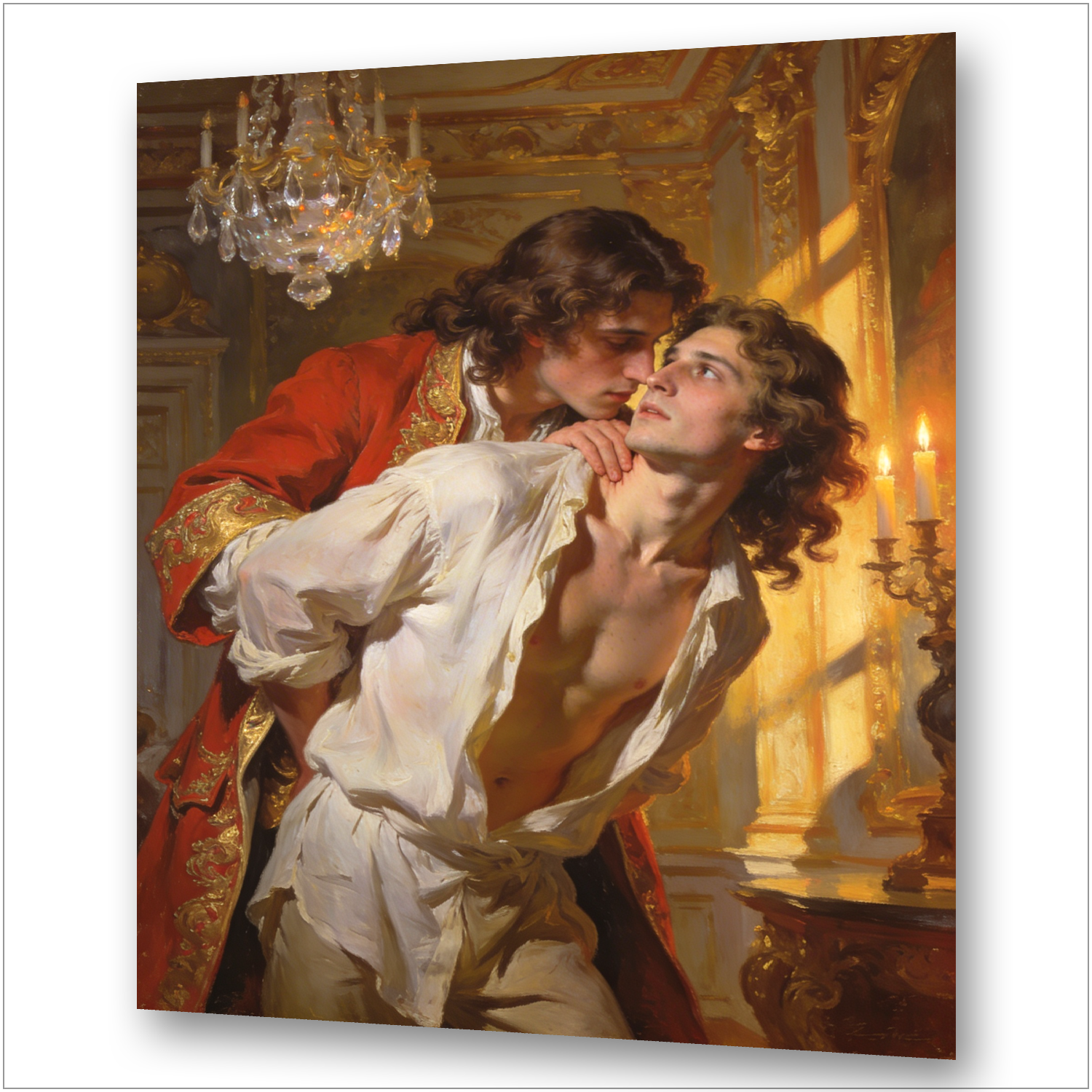 Chevalier de Lorraine hält Philippes Kinn und küsst seinen Hals – Philippe lehnt den Kopf zurück in Hingabe, offenes Hemd, Kerzenlicht Versailles, Gay Art Wandbild