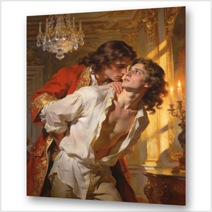 Chevalier de Lorraine hält Philippes Kinn und küsst seinen Hals – Philippe lehnt den Kopf zurück in Hingabe, offenes Hemd, Kerzenlicht Versailles, Gay Art Wandbild