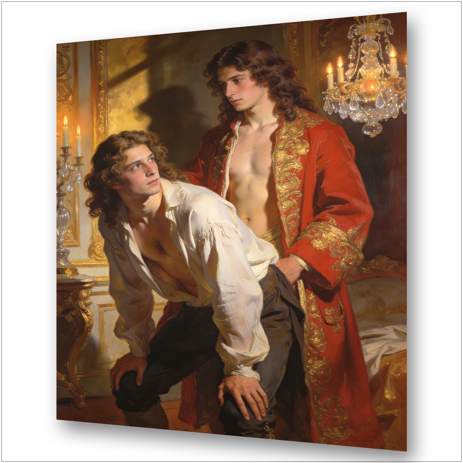 Philippe d'Orléans vorgebeugt, Hände auf den Knien, der Chevalier de Lorraine steht hinter ihm bereit – erotische Vereinigung von hinten am Hof von Versailles, Gay Art Wandbild