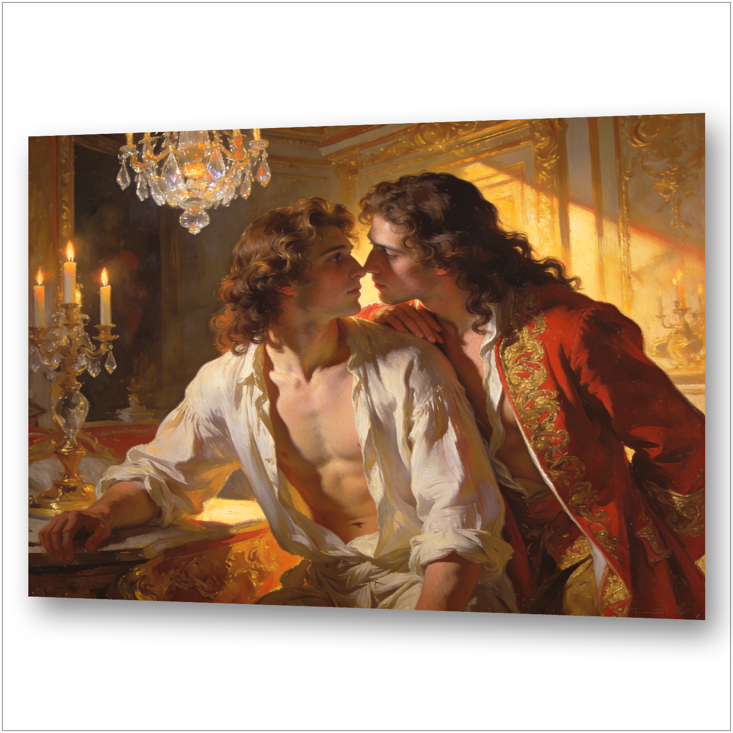 Philippe d'Orléans am Tisch, Hemd offen, der Chevalier de Lorraine neben ihm – Kuss kurz bevor, Lust und Liebe am Hof von Versailles, Gay Art Wandbild