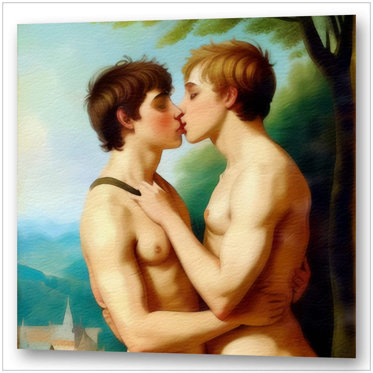 Zwei junge Männer in inniger Umarmung und Kuss - Romantische Landschaft in Pastelltönen - Gay Love trifft Caspar David Friedrich
