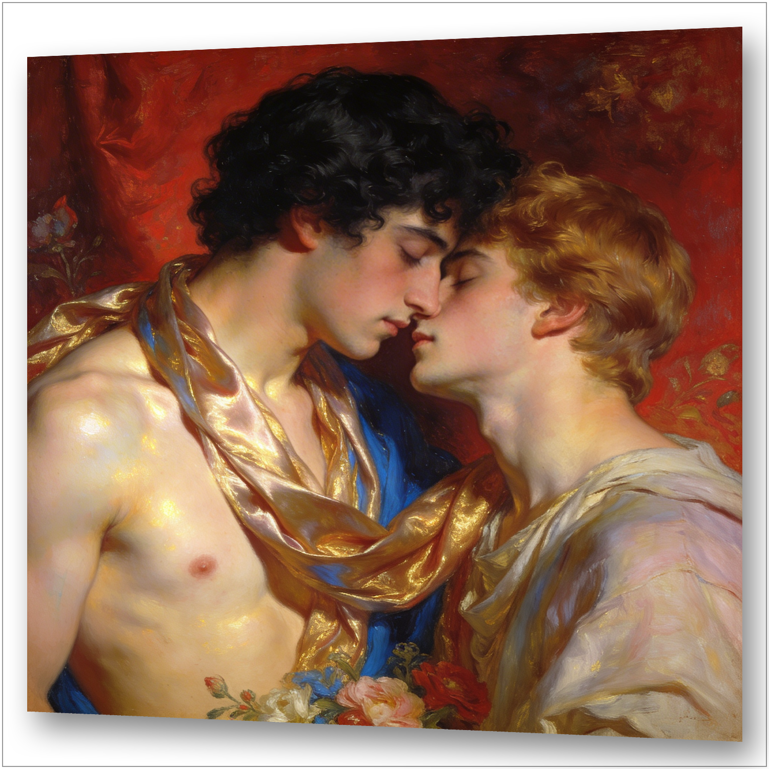 Zwei androgyne Männer kurz vor dem Kuss, in goldenen und weißen antiken Gewändern vor rotem Tuch, Gay Art im Präraffaeliten-Stil von Simeon Solomon 