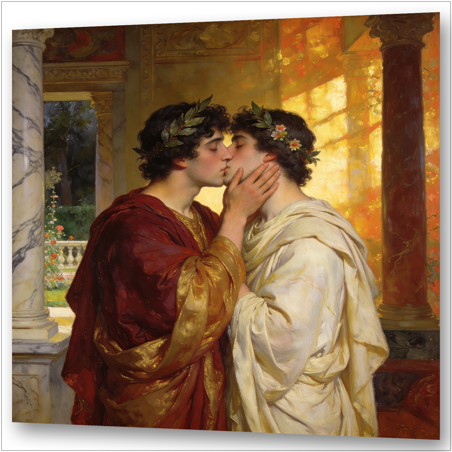 Zwei Männer in antiken Gewändern küssen sich vor Marmorsäulen und goldenem Licht – Gay Art im Stil von Simeon Solomon 