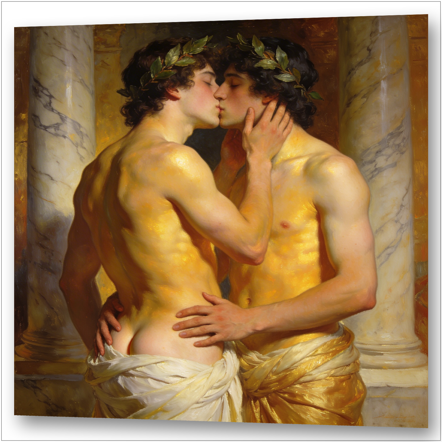 Zwei junge Männer mit Lorbeerkränzen im Haar küssen sich in einem goldenen Tempel – erotische Gay Art im Stil von Simeon Solomon 