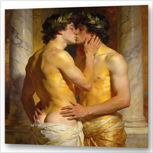 Zwei junge Männer mit Lorbeerkränzen im Haar küssen sich in einem goldenen Tempel – erotische Gay Art im Stil von Simeon Solomon 