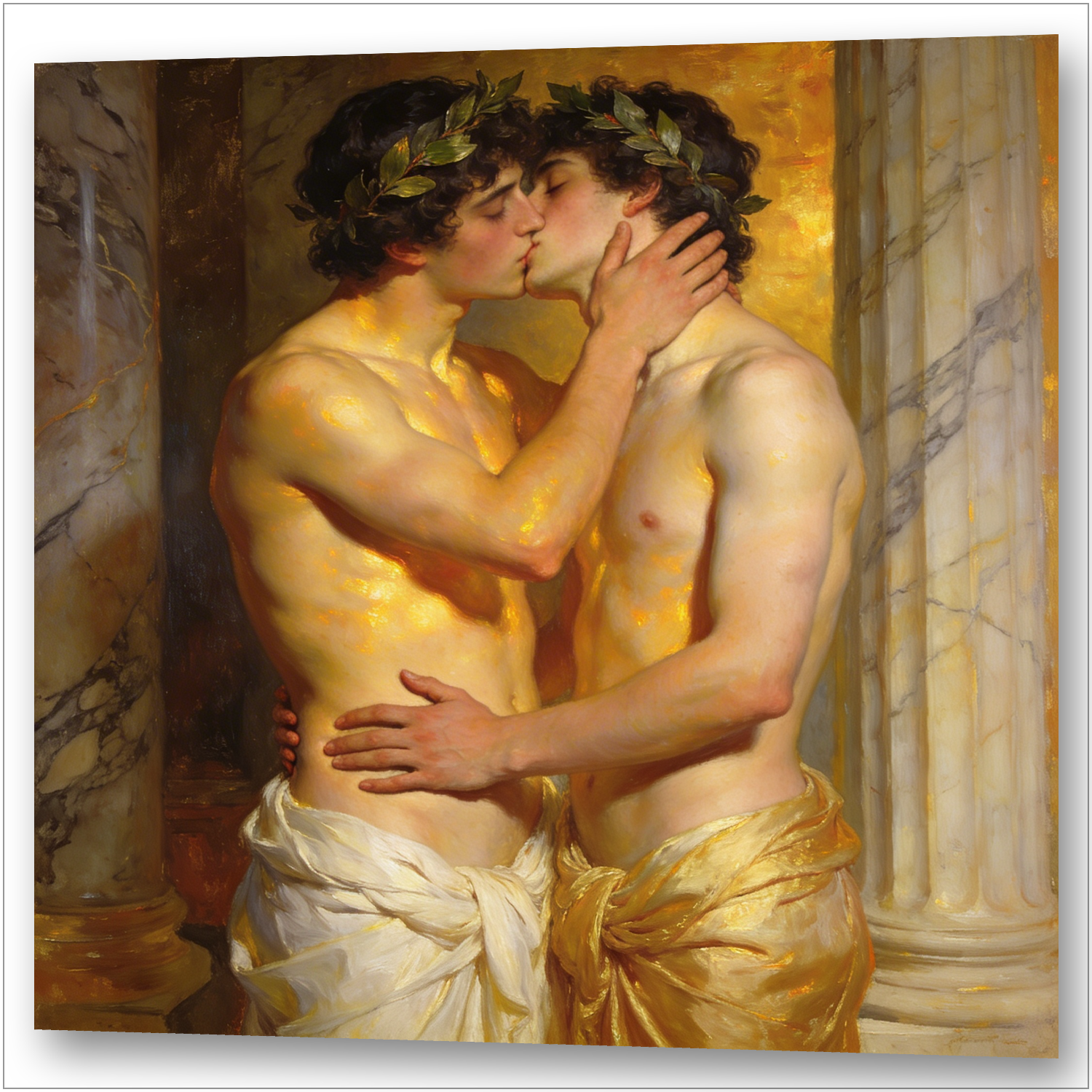 Zwei junge Männer mit Lorbeerkränzen küssen sich in goldenem Tempellicht – ihre Hände suchen Nähe in Gesicht und Hüfte, Gay Art im Stil von Simeon Solomon 