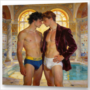 Gay Art Wandbild – zwei sexy schwule Männer in Underwear im Badehaus