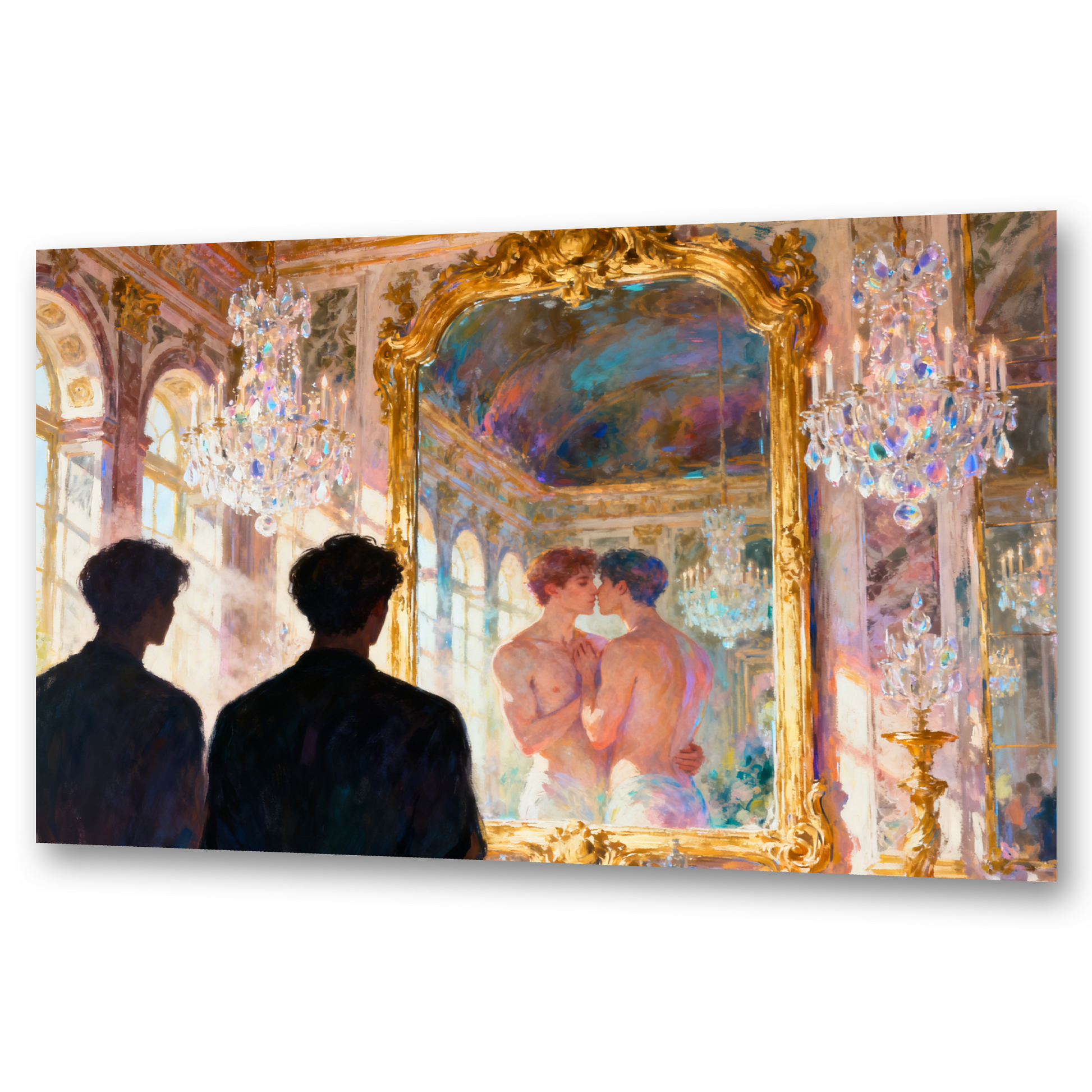 Gay Art – zwei schwule Männer vor Versailles-Spiegel, Spiegelung zeigt sie sich küssend und nackt, goldener Rahmen, Kronleuchter – KUNSTWERK BILDER
