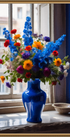 Blauer Rittersporn mit bunten Blumen in eleganter Vase am Fenster - Realistisches Wandbild mit goldenem Rahmen
