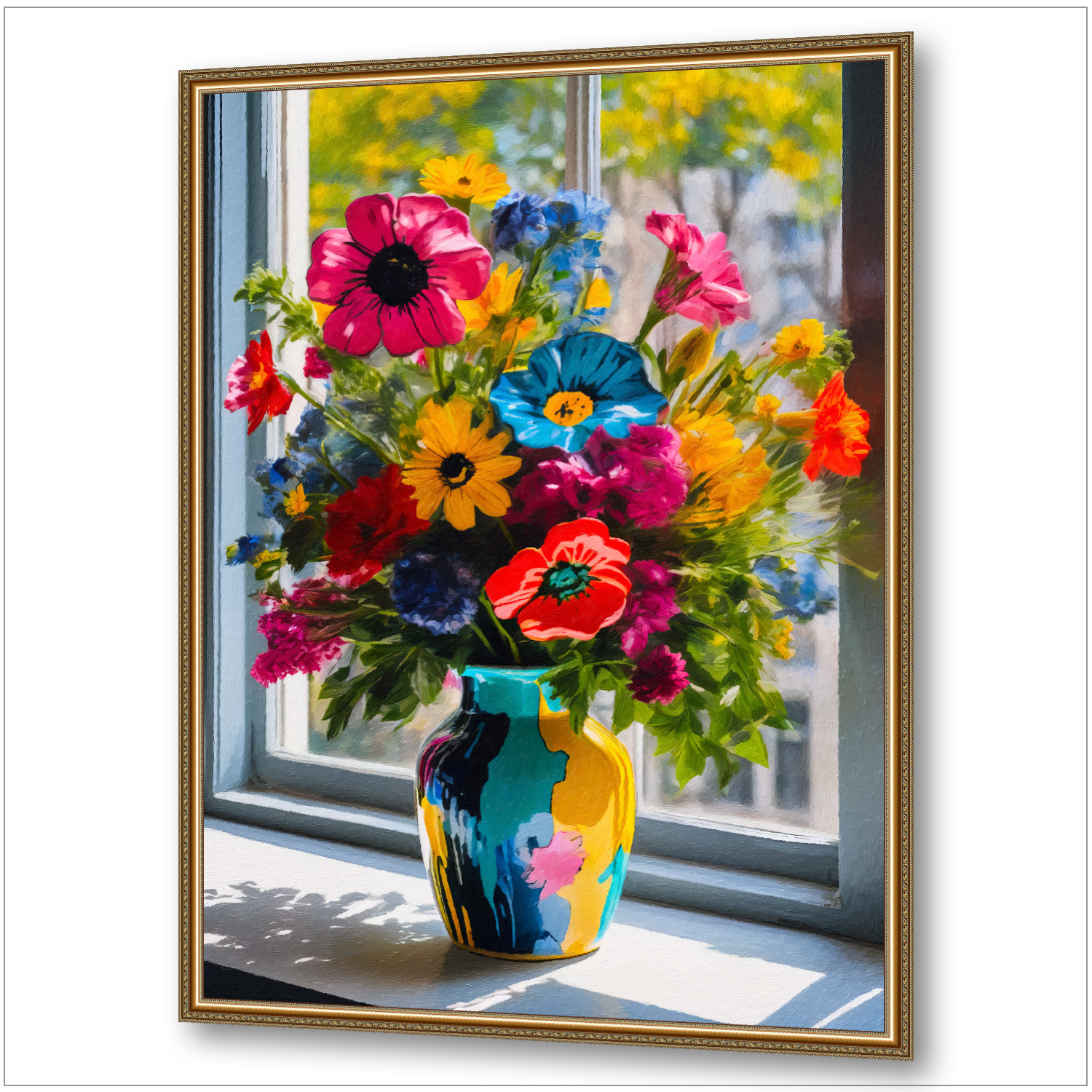 Wilder Blumenstrauß in künstlerisch bemalter Vase am Fenster - Impressionistisches Wandbild mit goldenem Rahmen
