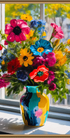 Bunter Wildblumenstrauß in abstrakter Vase - Impressionistisches Stillleben mit leuchtenden Farben - Canvas Wandbild
