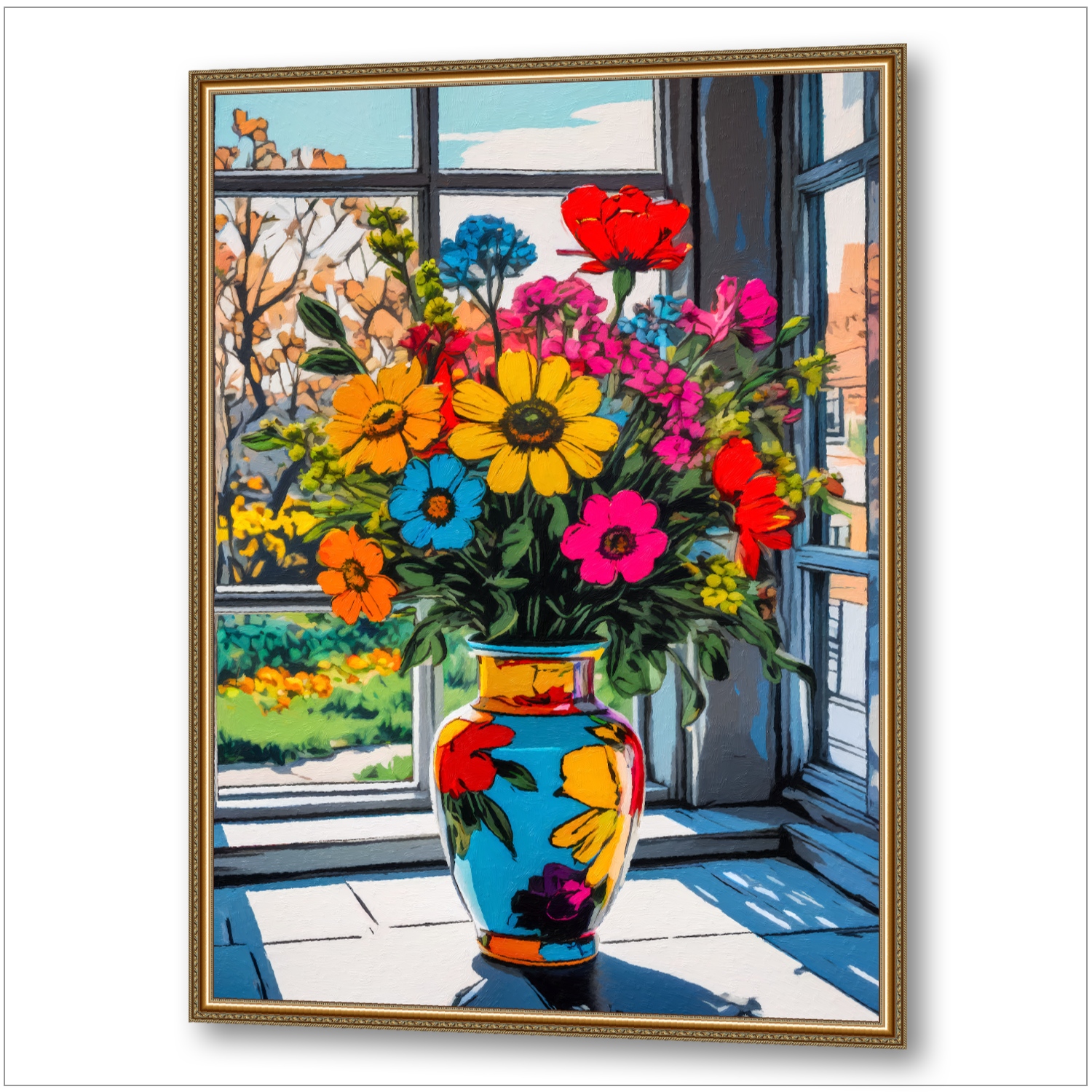 Bunter Blumenstrauß in dekorativer Vase am offenen Fenster - Pop Art Gay Canvas mit goldenem Rahmen