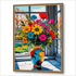 Bunter Blumenstrauß in dekorativer Vase am offenen Fenster - Pop Art Gay Canvas mit goldenem Rahmen