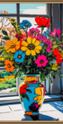 Bunter Blumenstrauß in gemusterter Vase - Pop Art Stillleben mit leuchtenden Farben - Gay Art Canvas
