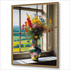 Sommerlicher Blumenstrauß in bunter Vase am Fenster mit Meerblick - Impressionistisches Wandbild mit goldenem Rahmen
