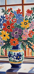 Farbenfroher Blumenstrauß in gemusterter Vase - Fauvismus-Stil Stillleben - Canvas Wandbild