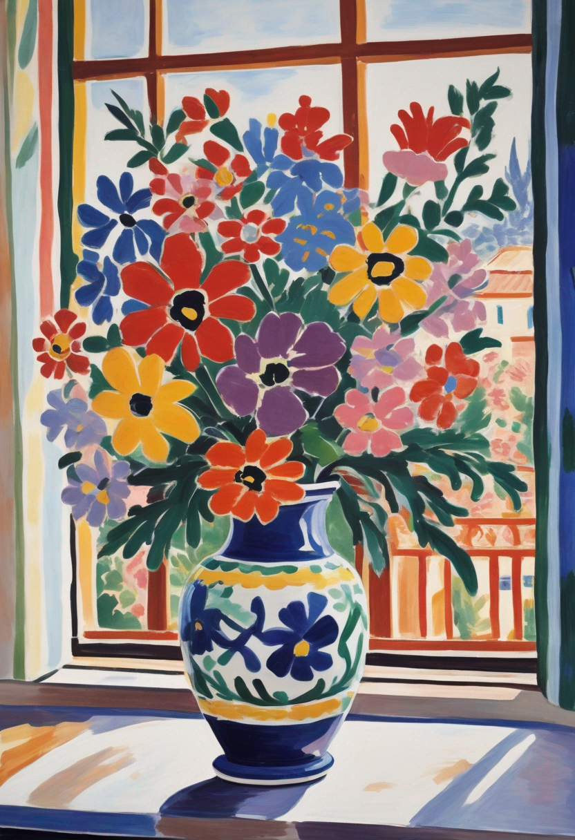 Farbenfroher Blumenstrauß in gemusterter Vase - Fauvismus-Stil Stillleben - Canvas Wandbild
