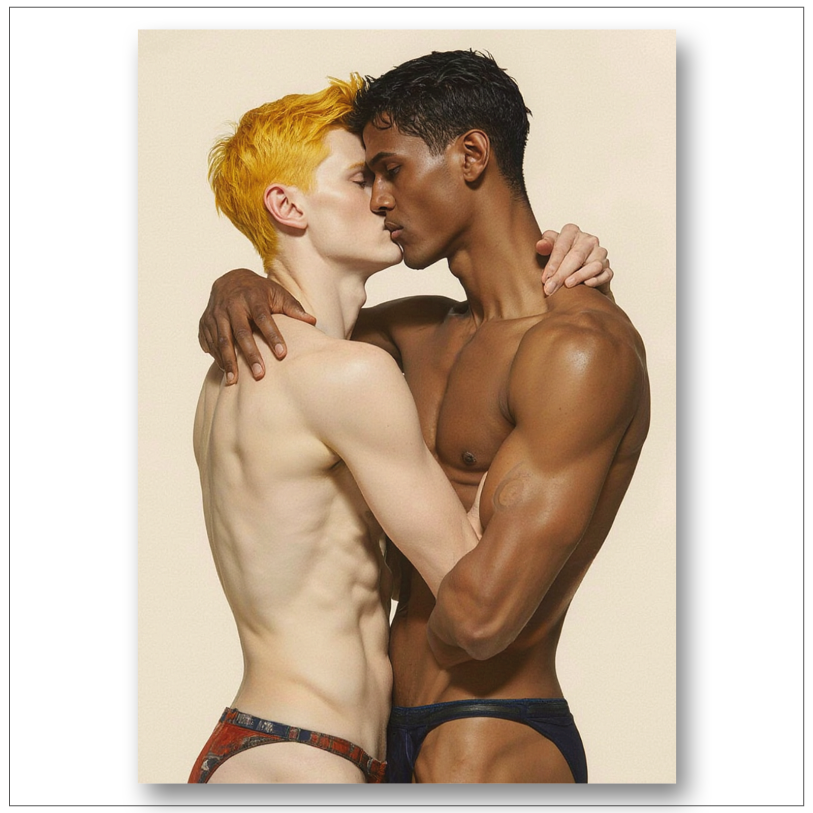Gay Art Poster – Zwei schwule Männer sich küssend, einer hellhäutig mit orangerotem Haar, einer dunkelhäutig muskulös – Rot, Schwarz, Weiß – Wo Farben sich berühren – KUNSTWERK BILDER