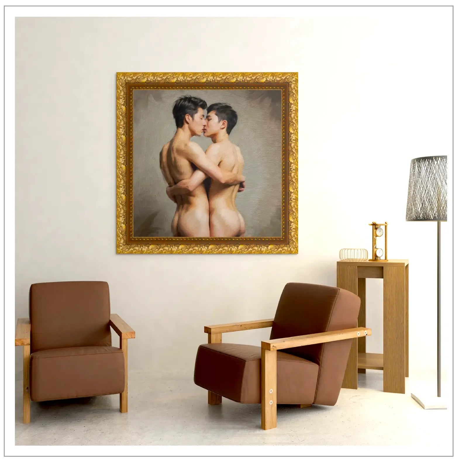 Zwei nackte Männer umarmen und küssen sich in romantischer Ölgemälde-Kunst mit Goldrahmen