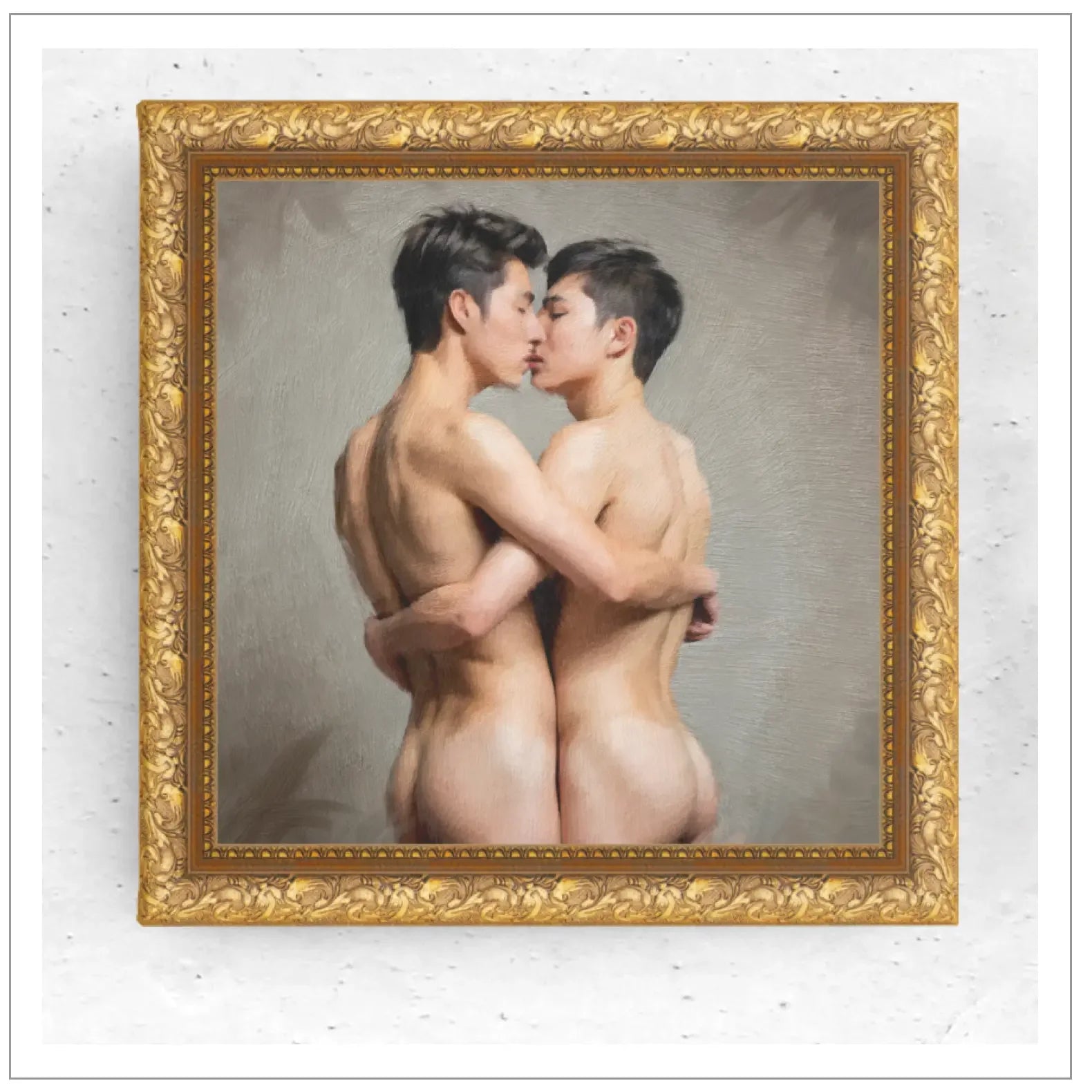Zwei nackte junge Männer umarmen sich romantisch in goldgerahmtem Ölgemälde, 30x30 cm