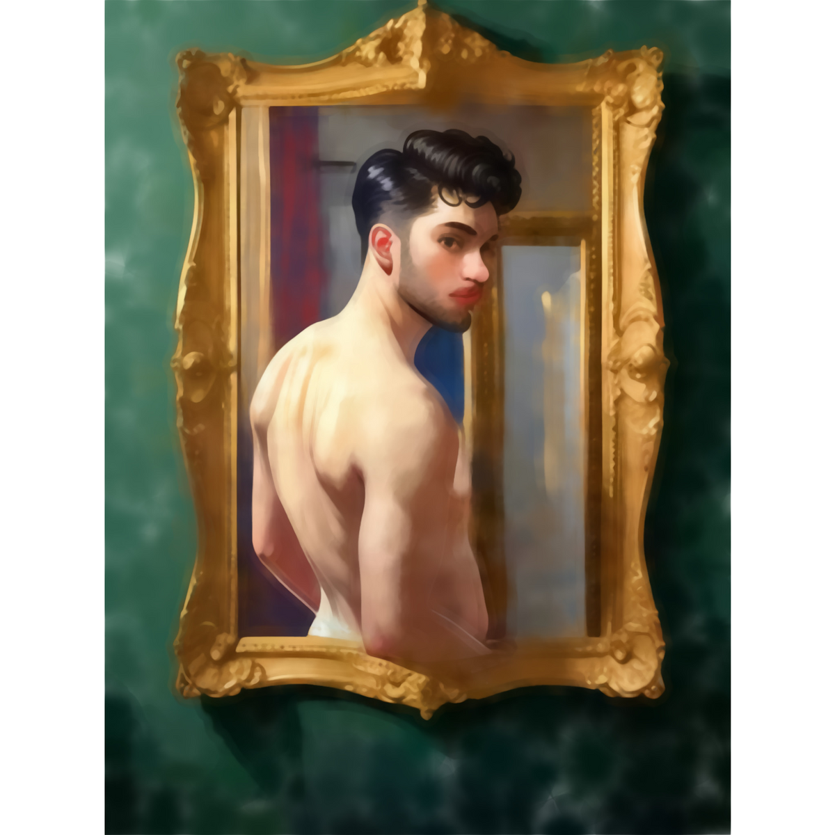 Gay Art Wandbild: nackter Mann mit Blick über die Schulter in einem goldenen Rahmen vor dunkelgrüner Wand. Das Motiv spielt mit der Frage, ob er als Spiegelbild oder als gemaltes Bild im Bild erscheint.