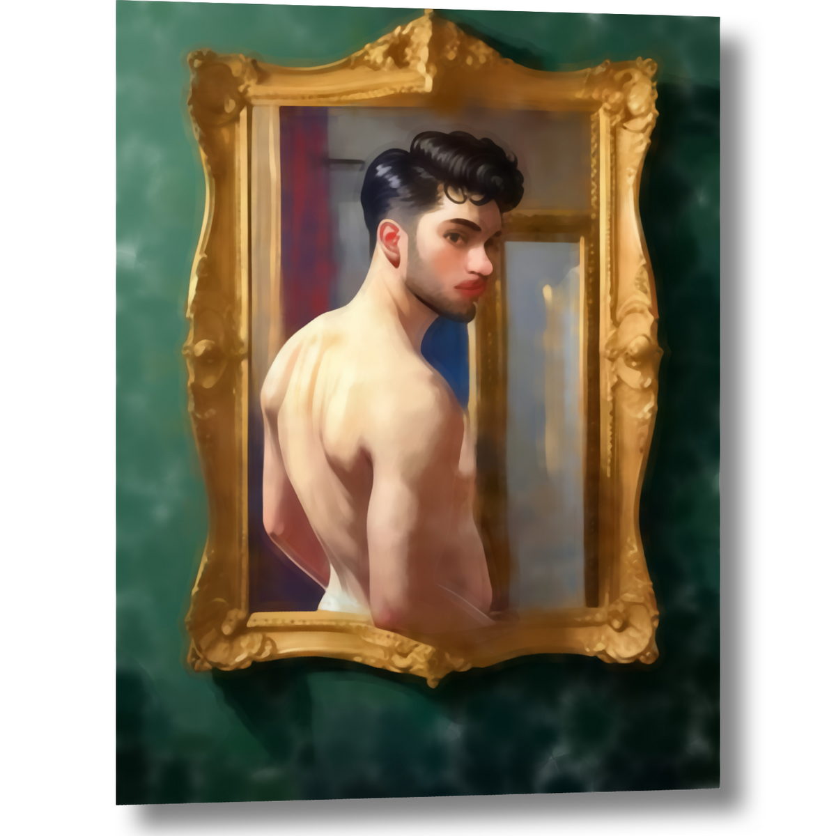 Schwules Wandbild auf Leinwand: männlicher Rückenakt mit zugewandtem Gesicht, warmer Haut und goldenem Rahmen vor Grün. Ein optisches Spiel zwischen Spiegelbild und Porträt.