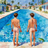 Zwei schwule jungs am Poolrand – David Hockney-Stil – Pool blauer als der Himmel – kalifornische Ästhetik
