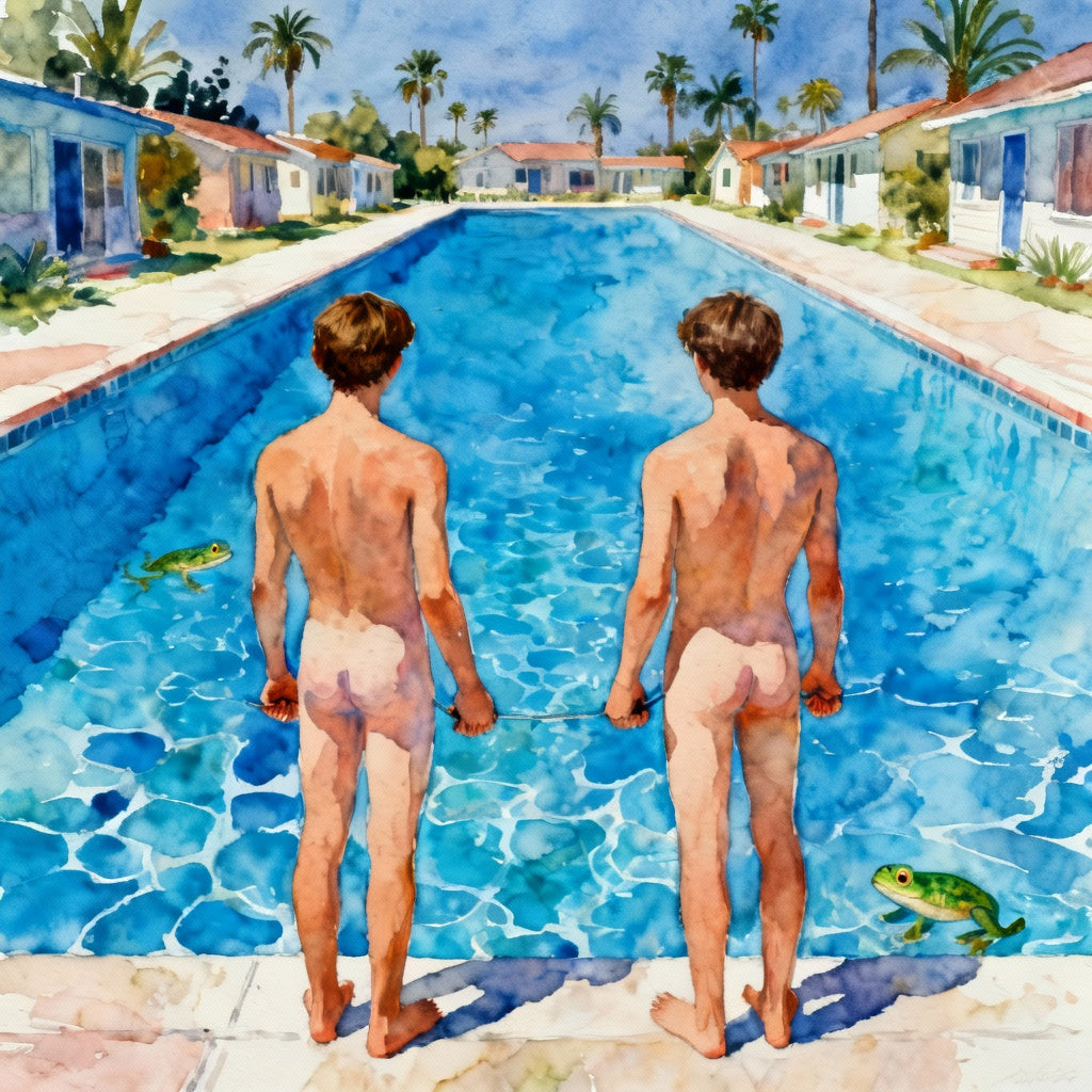 Zwei schwule jungs am Poolrand – David Hockney-Stil – Pool blauer als der Himmel – kalifornische Ästhetik
