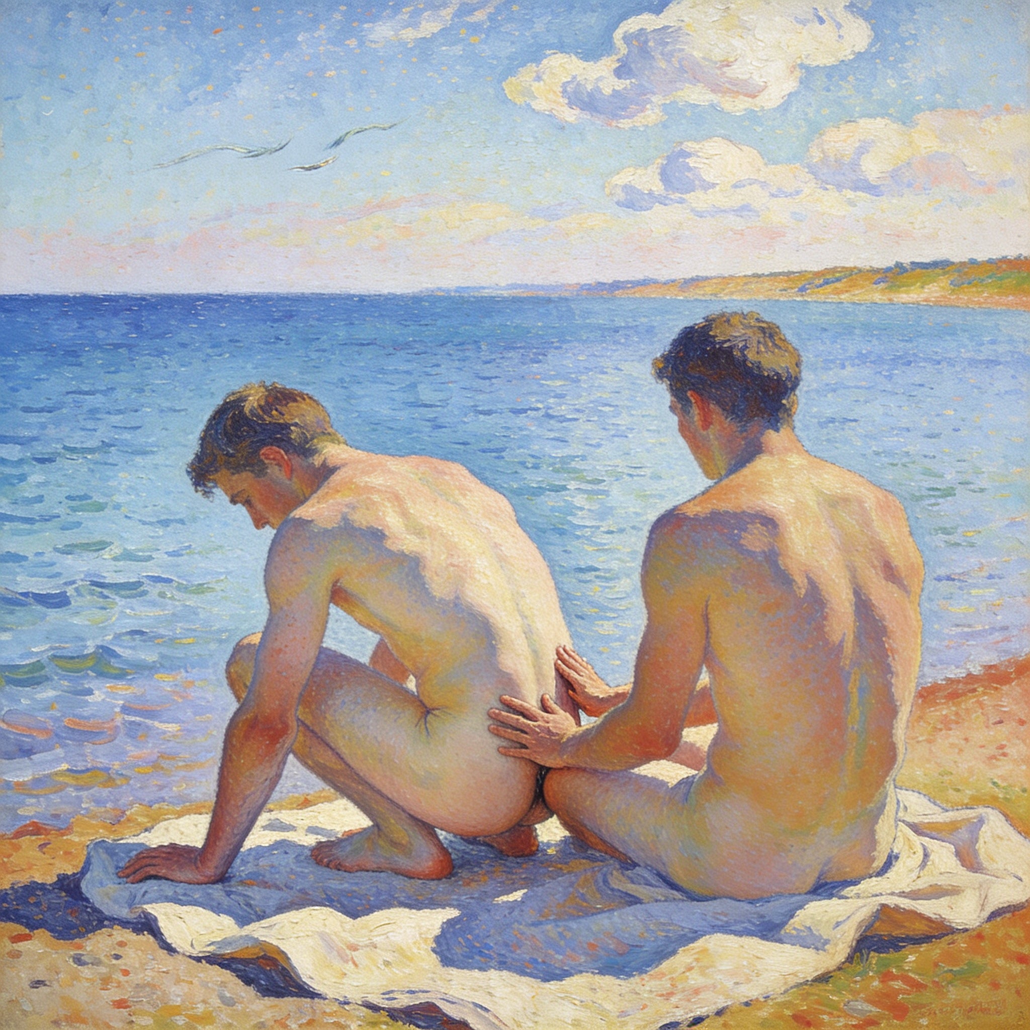 Zwei nackte Männer am blauen See im Macke-Stil – einer kniet, der andere sitzt, Hand auf dem unteren Rücken
