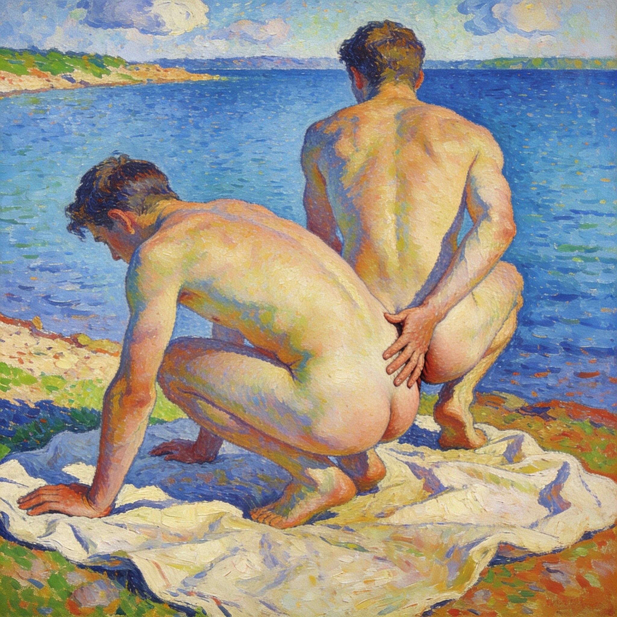 Zwei nackte Männer am blauen See im Macke-Signac-Stil – Po an Po versetzt in der Hocke, Hand wandert zum Gesäß
