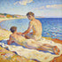 Zwei nackte Männer am blauen See im Macke-Signac-Stil – einer liegt auf dem Bauch, der andere sitzt mit Hand auf seinem Rücken und schaut provokant zum Betrachter

