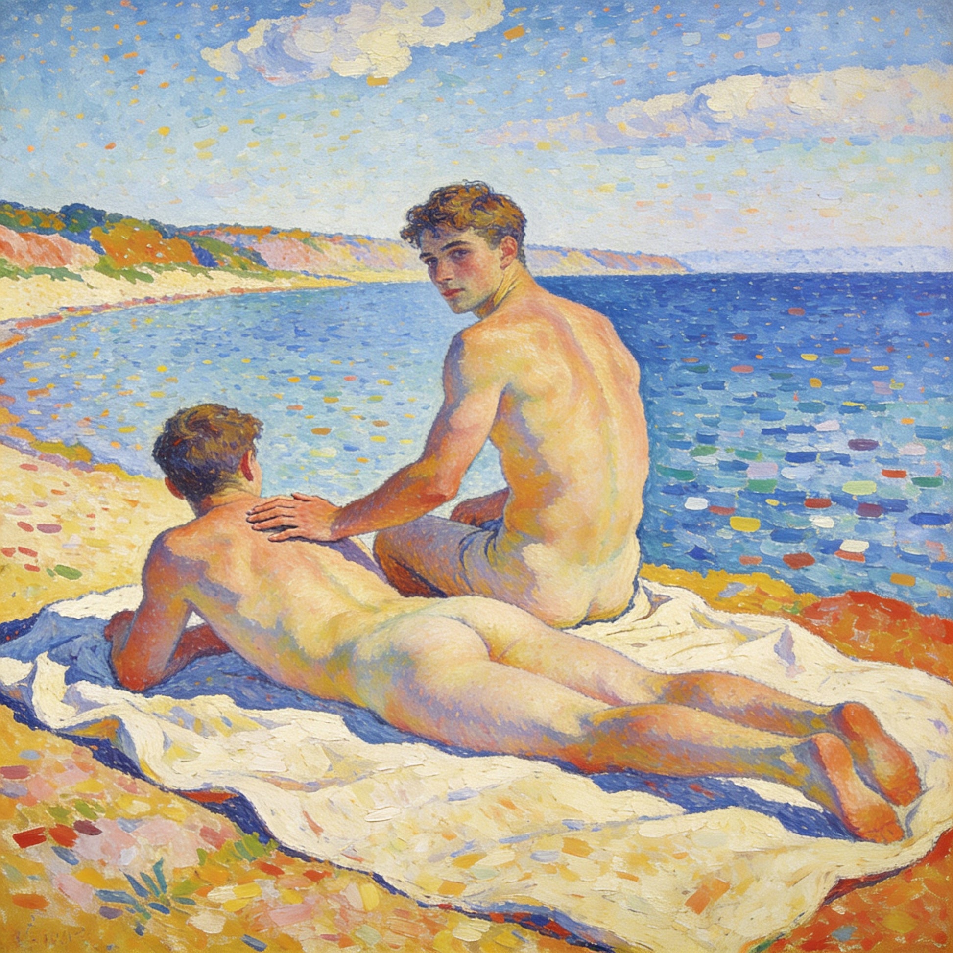 Zwei nackte Männer am blauen See im Macke-Signac-Stil – einer liegt auf dem Bauch, der andere sitzt mit Hand auf seinem Rücken und schaut provokant zum Betrachter

