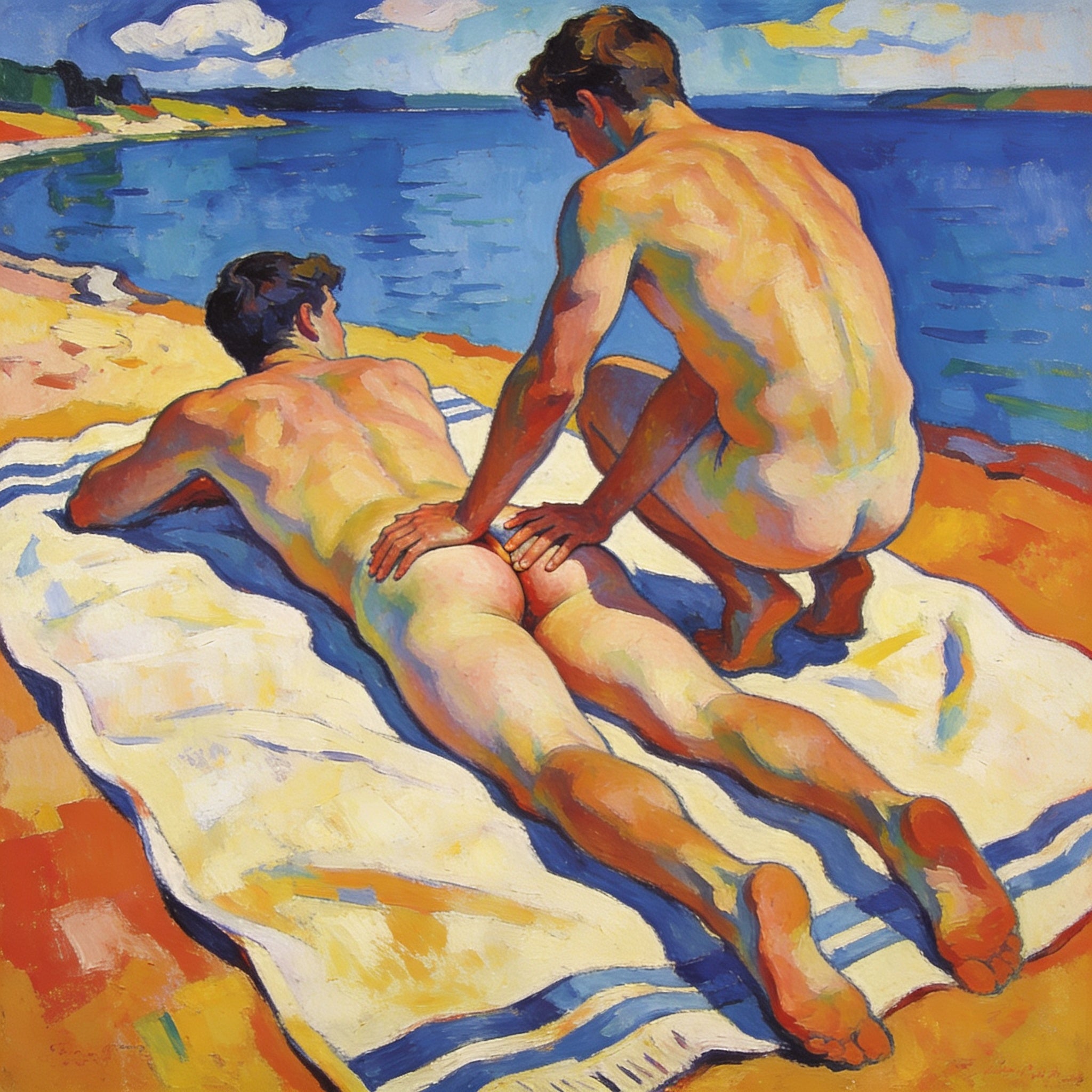Zwei nackte Männer am blauen See im Macke-Stil – einer liegt auf dem Bauch, der andere kniet neben ihm und berührt sein Gesäß
