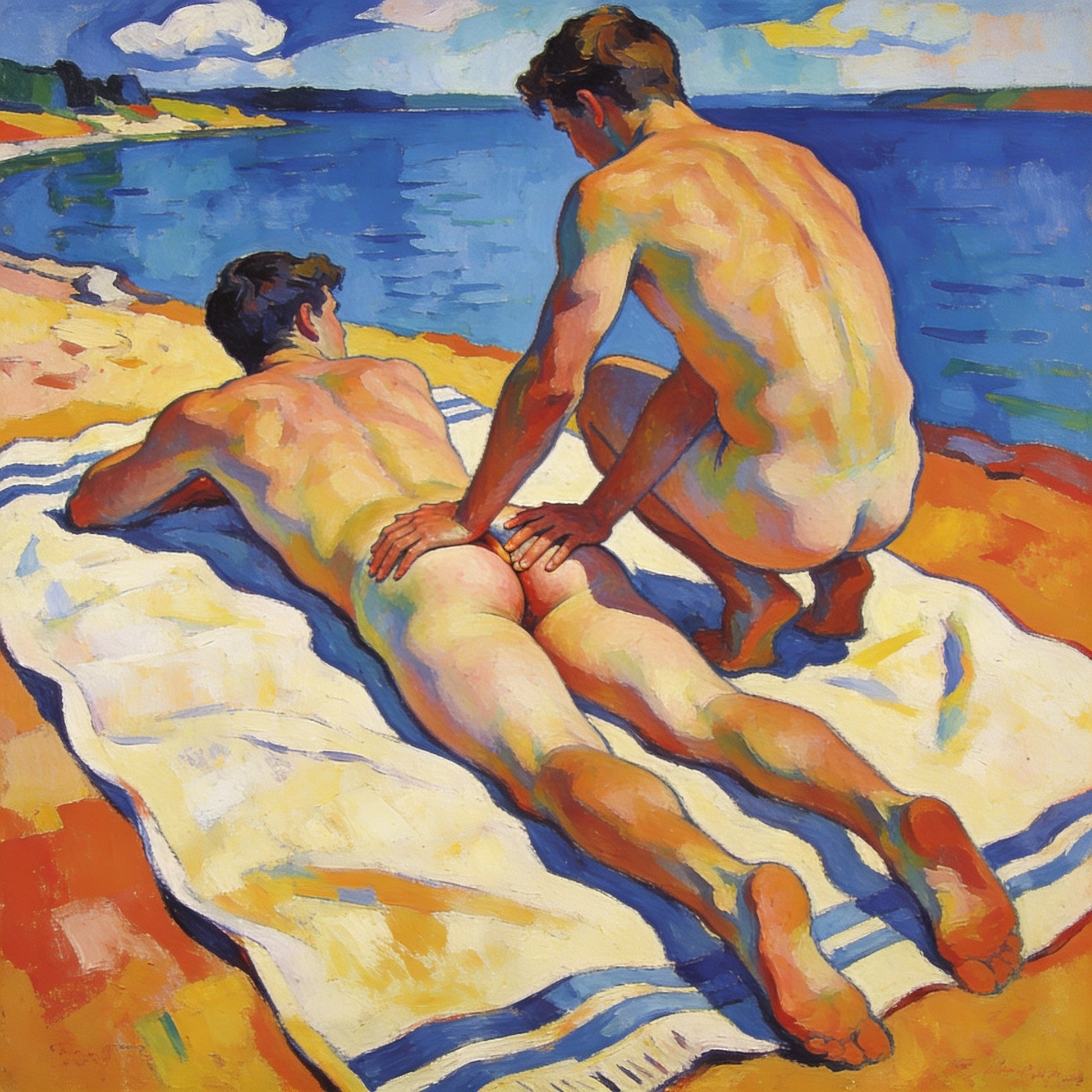 Zwei nackte Männer am blauen See im Macke-Stil – einer liegt auf dem Bauch, der andere kniet neben ihm und berührt sein Gesäß
