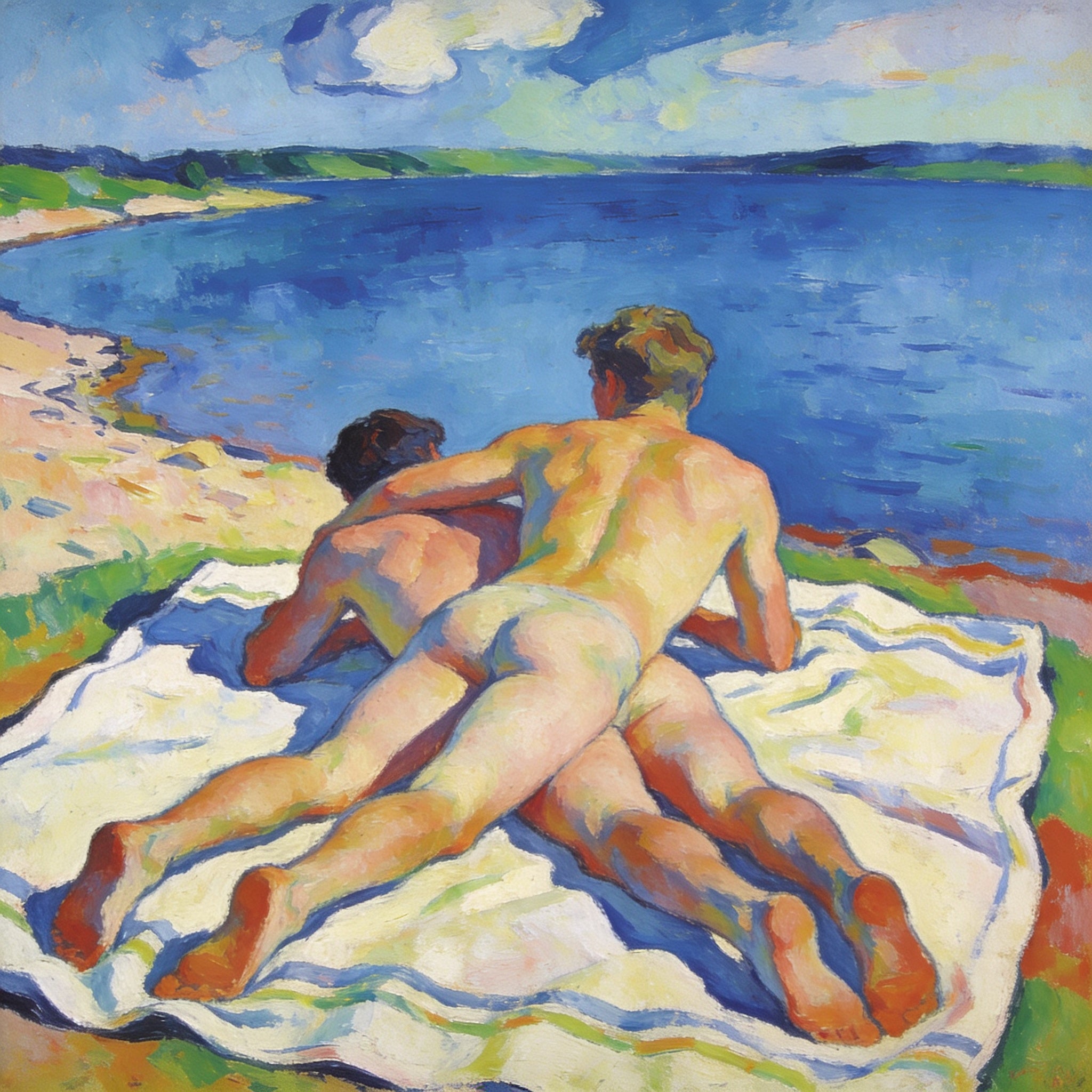 Zwei nackte Männer am blauen See im Macke-Stil – einer liegt auf dem Rücken, der andere liegt auf ihm
