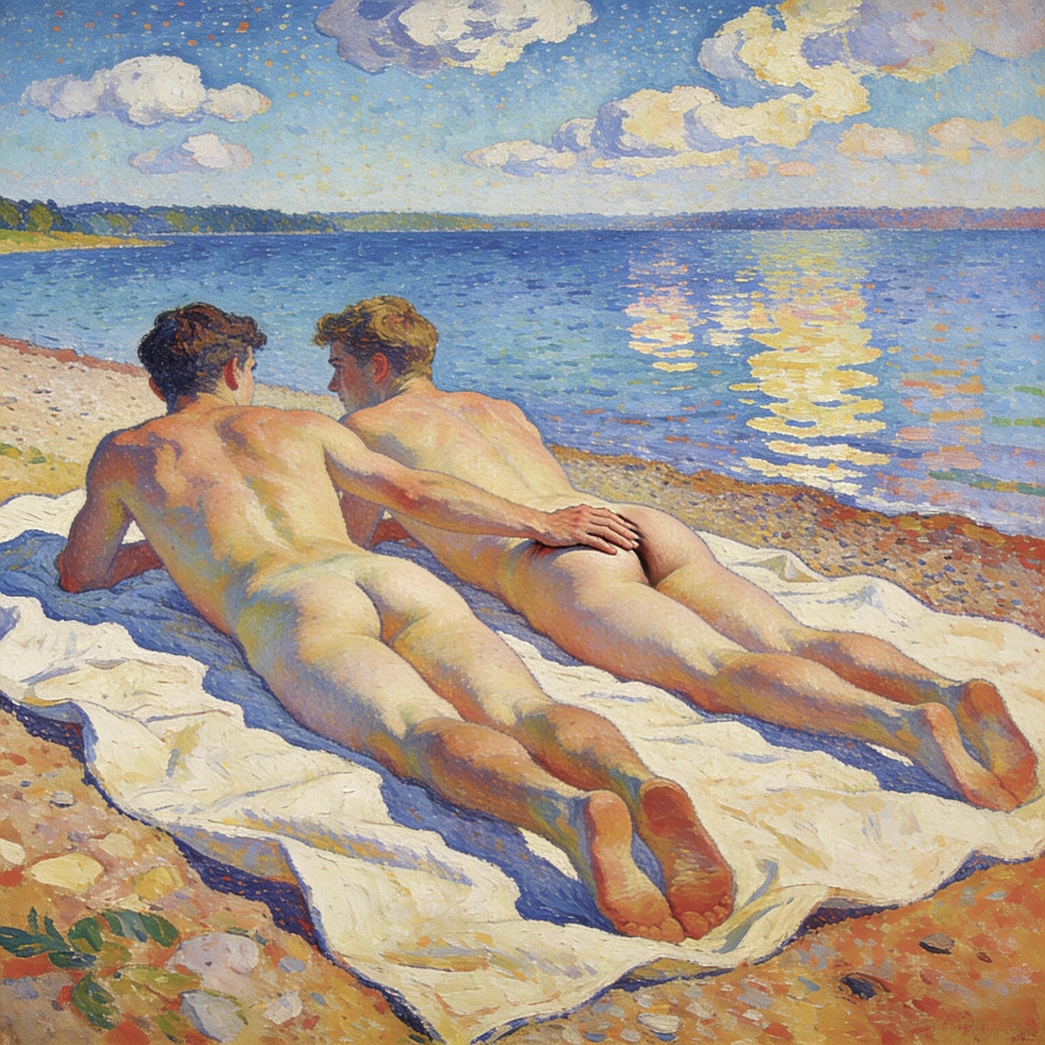 Zwei nackte Männer am blauen See im Macke-Signac-Stil – beide liegen auf dem Bauch, schauen sich an, Hand liegt auf dem Po
