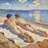 Zwei nackte Männer am blauen See im Macke-Signac-Stil – beide liegen auf dem Bauch, schauen sich an, Hand liegt auf dem Po
