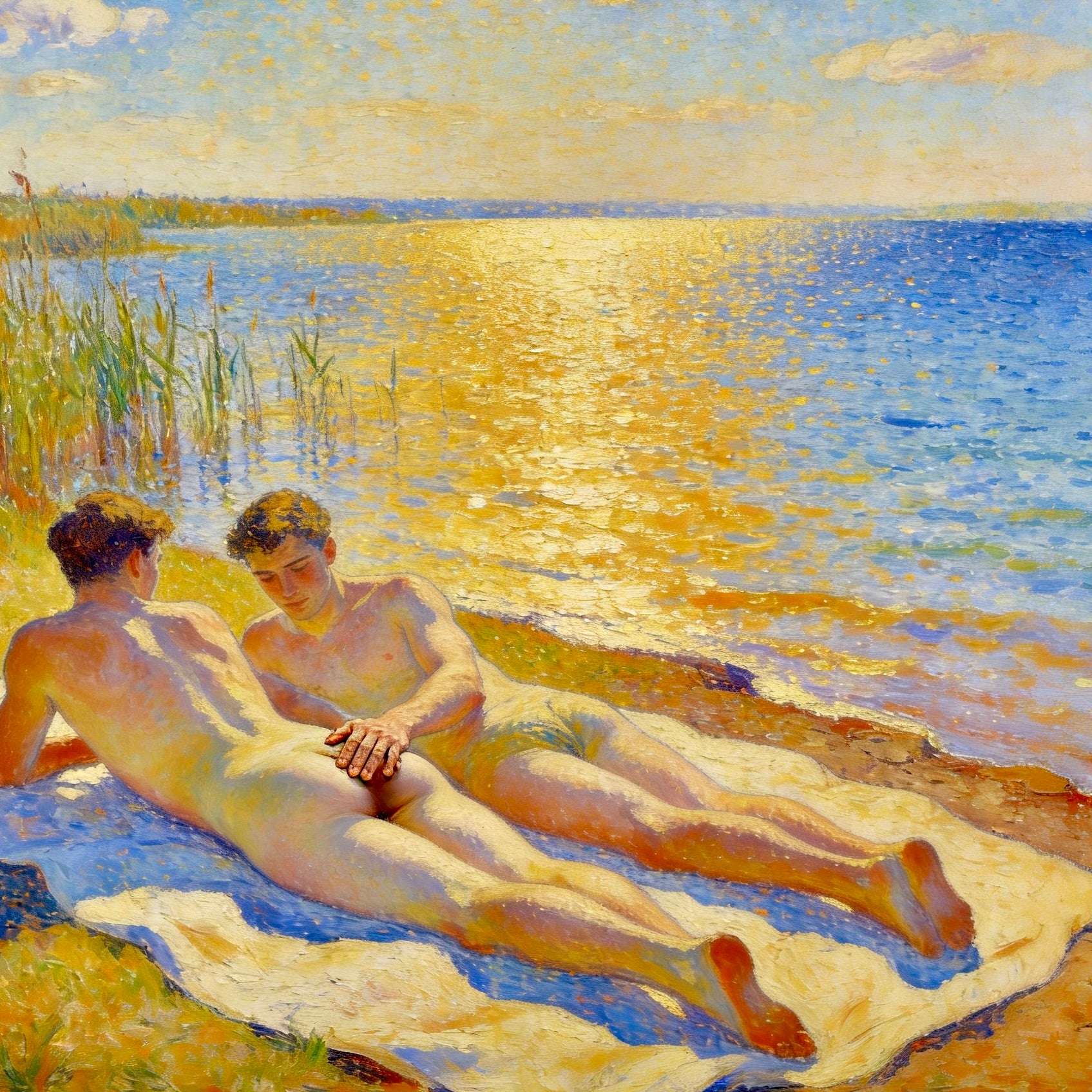 Zwei nackte Männer am blauen See im Macke-Signac-Stil – einer auf dem Bauch, Hand über der Po-Ritze, goldenes Licht
