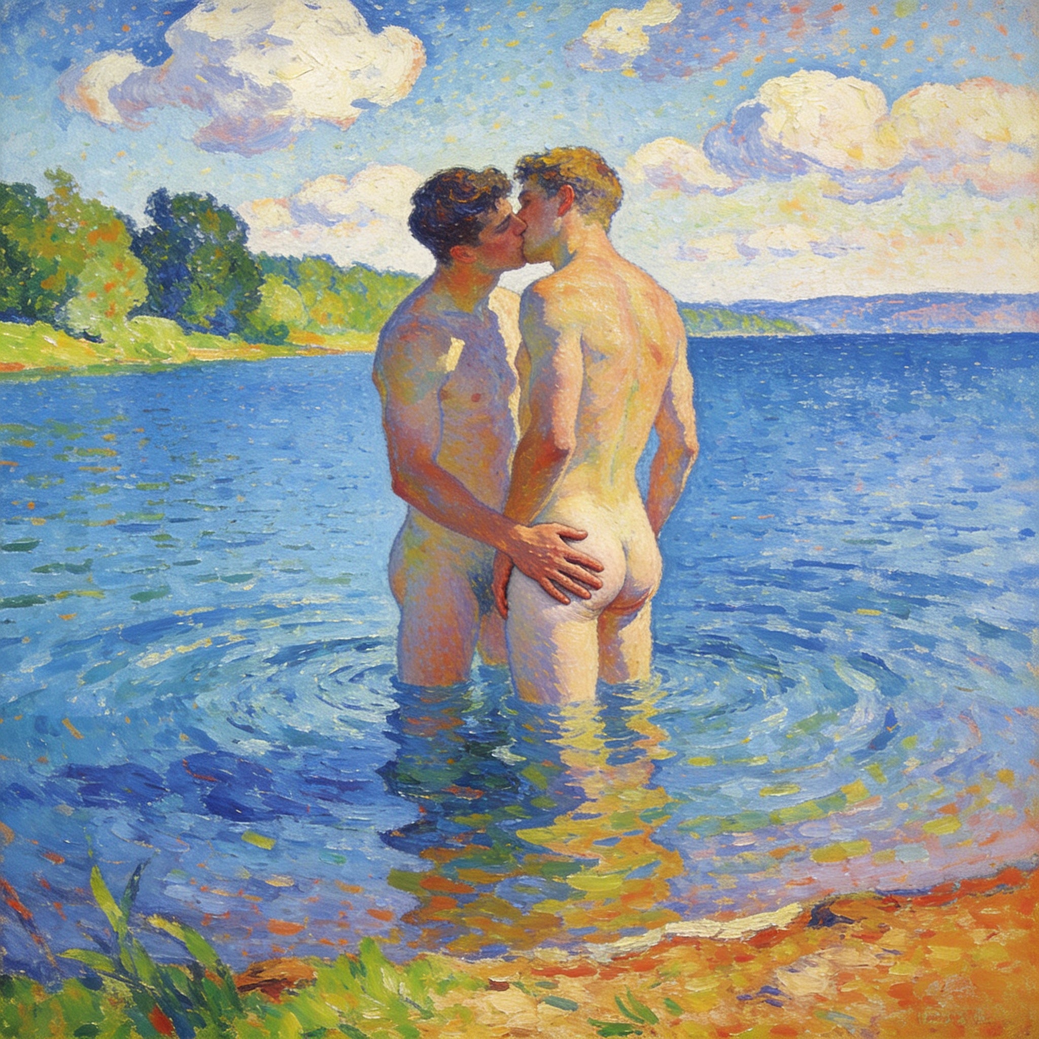 Zwei nackte Männer im blauen See im Macke-Stil – sie stehen im Wasser und küssen sich, Hand auf dem Gesäß
