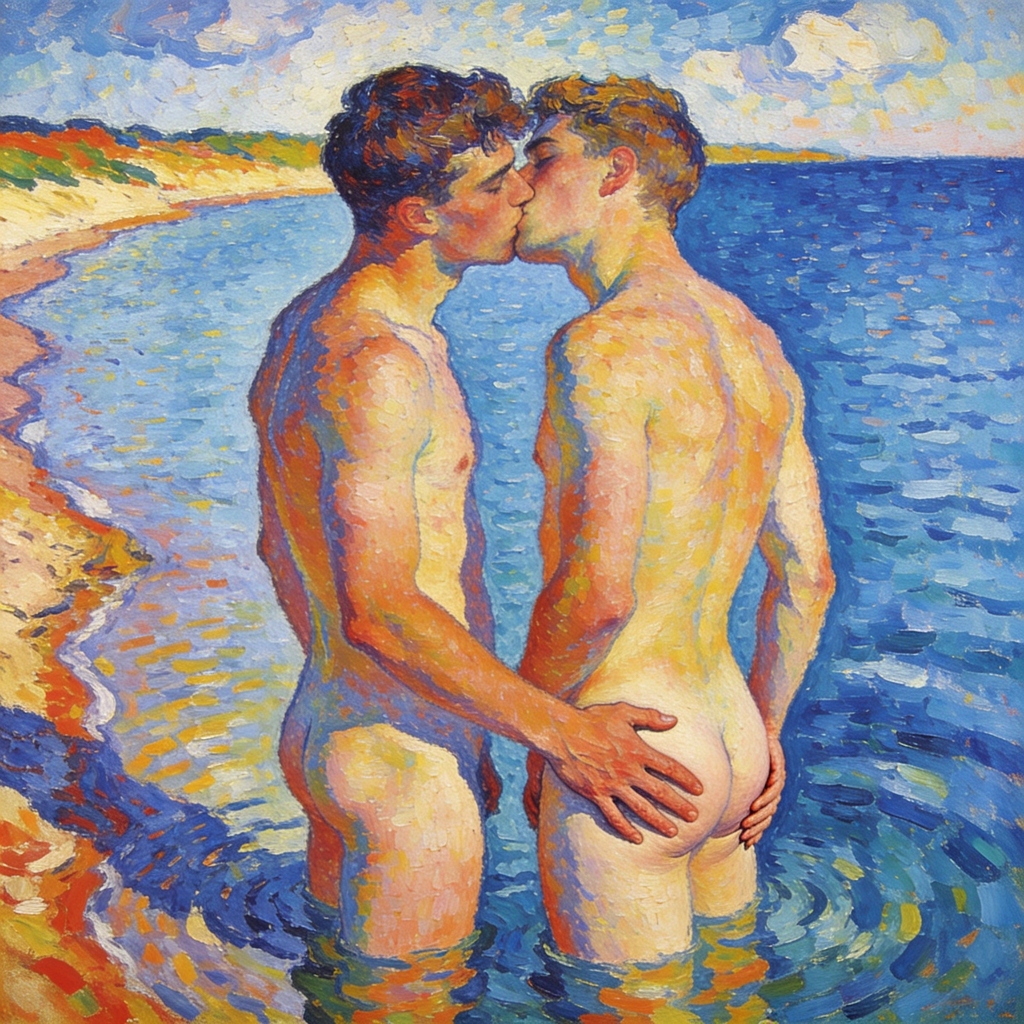 Zwei nackte Männer küssen sich im Wasser am blauen See im Macke-Signac-Stil – Hand auf dem Po, romantisch und erotisch
