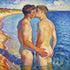 Zwei nackte Männer küssen sich im Wasser am blauen See im Macke-Signac-Stil – Hand auf dem Po, romantisch und erotisch
