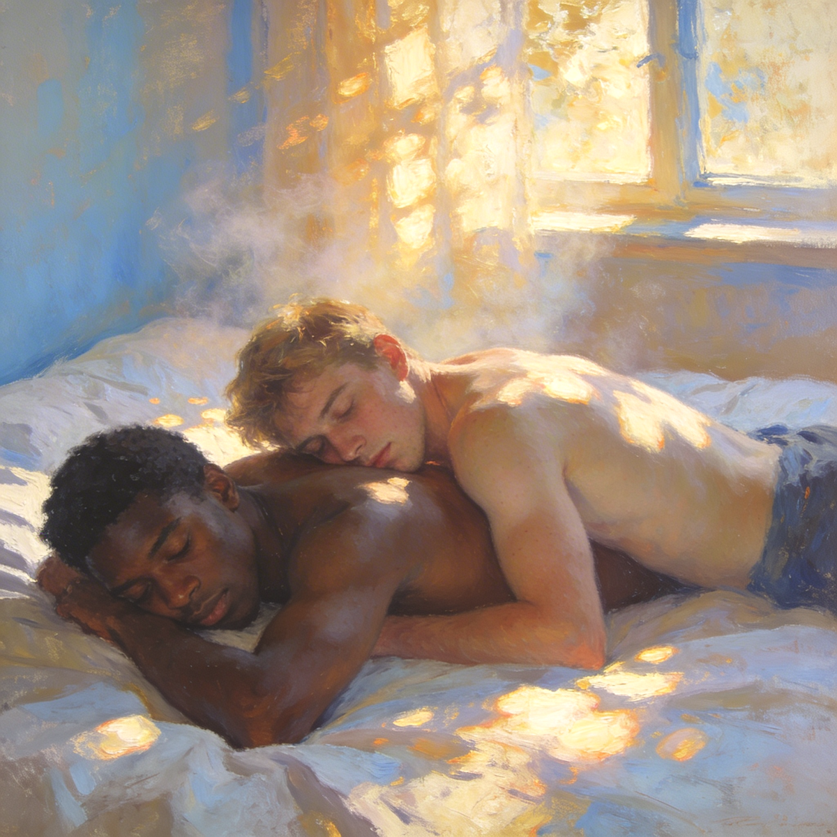 Gay Art Wandbild: Zwei junge Männer liegen eng umschlungen auf einem Bett. Einer ruht mit dem Kopf auf dem Rücken seines Partners. Goldene Morgensonne fällt durch den Vorhang auf ihre Haut.