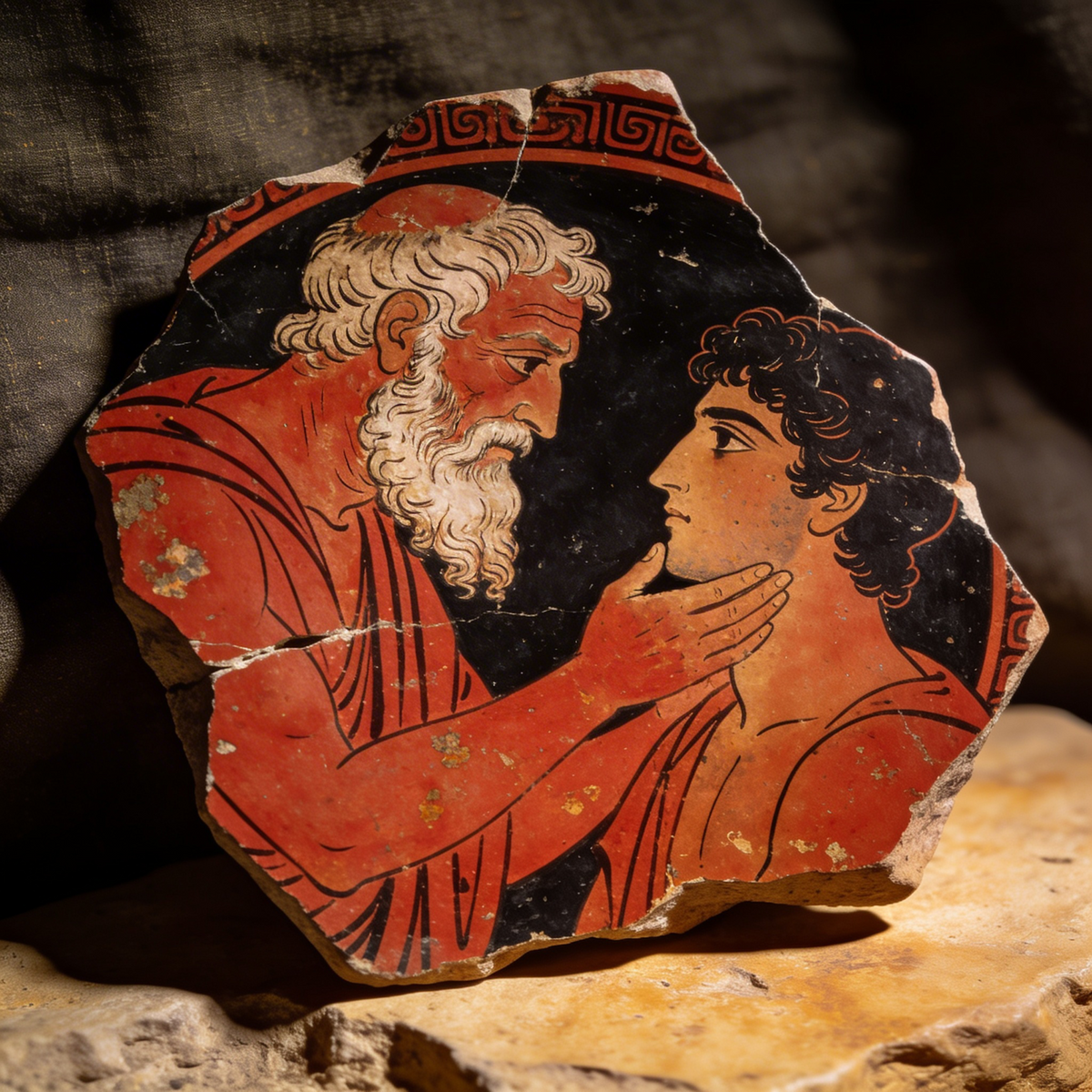 Ein weißbärtiger Mann legt seine Hand an Kinn und Wange eines Jüngeren mit dunklen Locken. Beide erwidern den Blick des anderen. Darstellung auf einer Scherbe im Stil griechischer rotfiguriger Vasenmalerei.