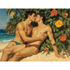 Gay Art Wandbild im Gauguin-Stil: Zwei Männer in knappen Badehosen küssen sich am Südseestrand. Eine Hand liegt an der Seite des Partners. Üppiges Grün und große Blüten umgeben das Paar vor türkisblauem Meer.