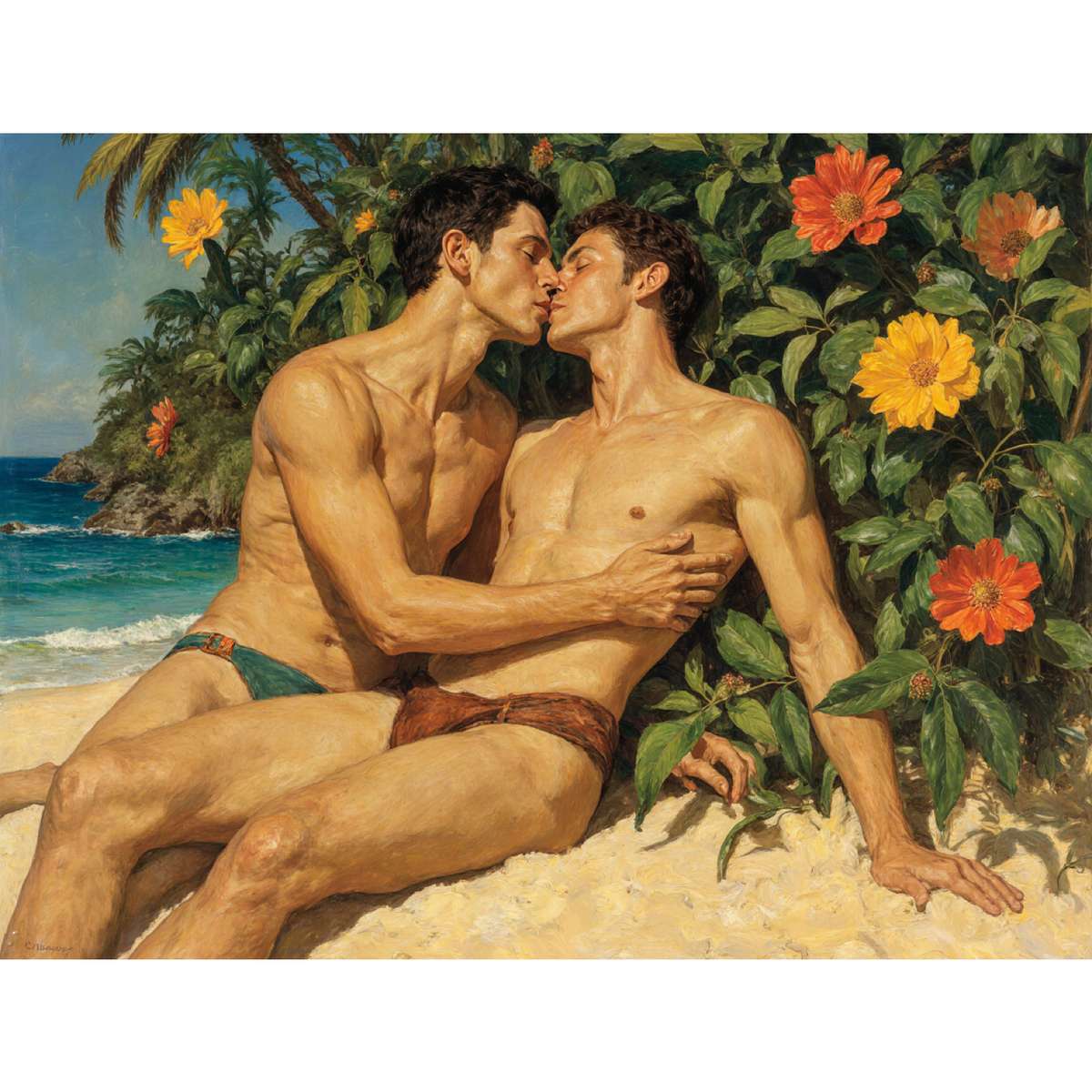 Gay Art Wandbild im Gauguin-Stil: Zwei Männer in knappen Badehosen küssen sich am Südseestrand. Eine Hand liegt an der Seite des Partners. Üppiges Grün und große Blüten umgeben das Paar vor türkisblauem Meer.