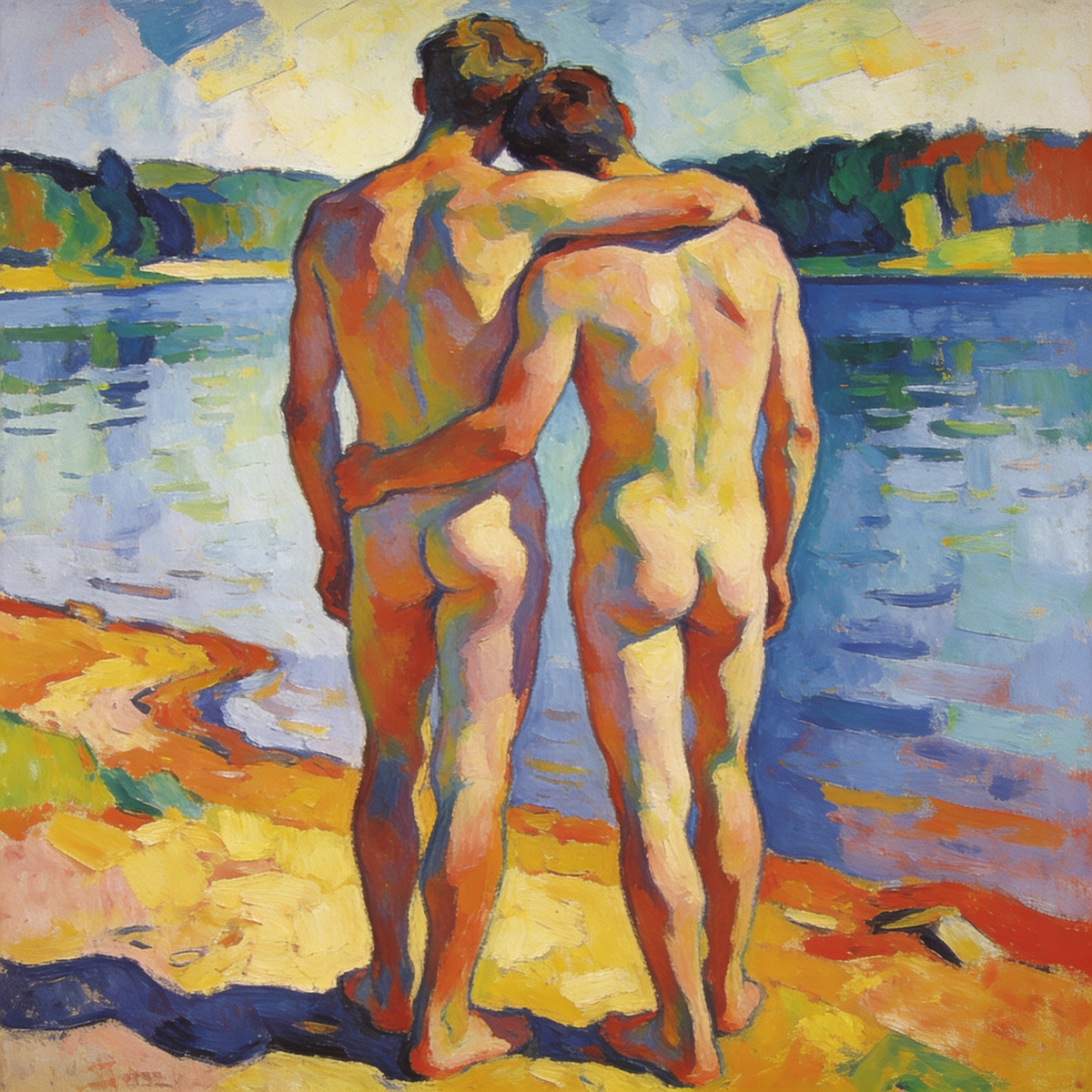 Gay Art Wandbild, inspiriert von August Macke: Zwei nackte Männer stehen von hinten gesehen eng umschlungen am blauen See. Leuchtende gelbe, orangefarbene und grüne Flächen verbinden ihre Körper mit der Landschaft.